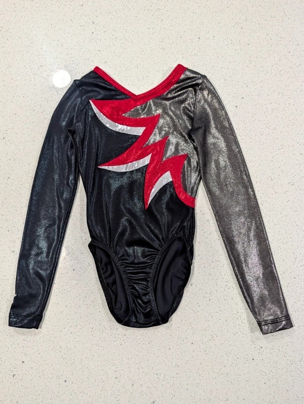 LONG SLEEVE GK Elite Gymnastics Leotard Large Child Gunmetal Red Silver MYSTIQUE